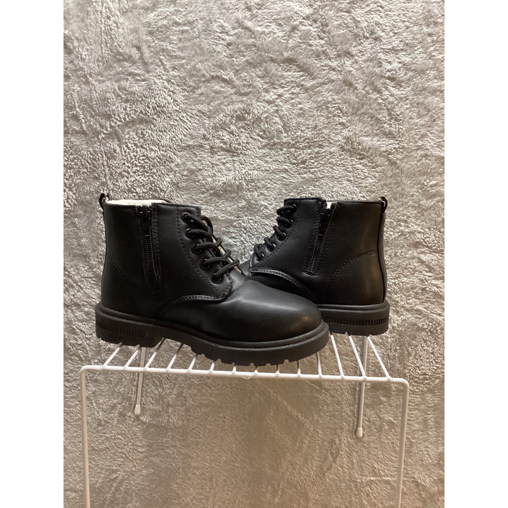 Kids Black Lace Up Side Zip Faux‎ Leather Winter Boots - Picture 5 of 6